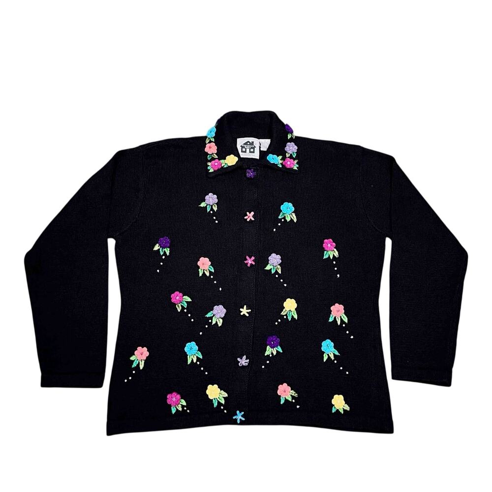 Storybook Knits NWT Floral Embroidered Cardigan Sze 1X Black Long Sleeve Sweater